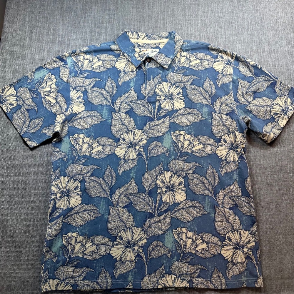 Crazy Shirts Hawaiian Polo Mens XL Blue Hibiscus Floral Cotton Short Sleeve Good